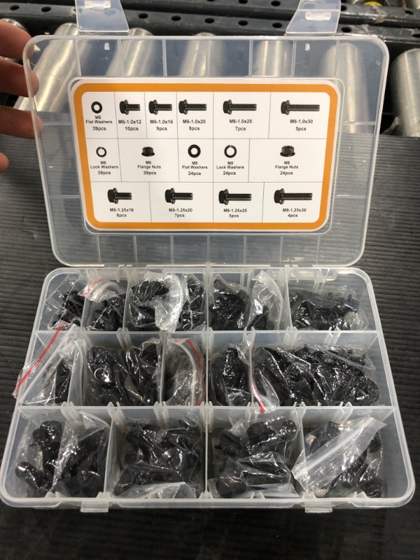 Photo 2 of 252Pcs M6-1.0 M8-1.25 Flange Hex Head Bolts Kit(12mm to 30mm Included) Class 10.9 Alloy Steel Black Zinc Plated Metric Flanged Hex Screws Bolts Nuts Washers Assortment Full Coarse Thread M6 M8