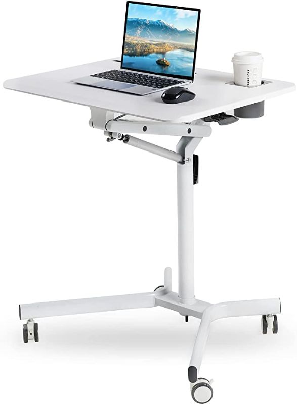 Photo 1 of Height Adjustable Mobile Desk, Sit to Stand Table Rolling Portable Standing Pneumatic Laptop Desks with Gas Spring Riser Overbed Table with Wheels Office Home Ergonomic Computer Workstation, White
