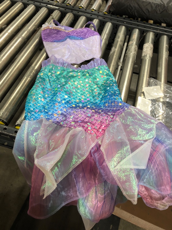 Photo 2 of Ariel Little Mermaid Costume for Kids Blue, Green, and Violet Ombre Dress with Scalloped Fish-Scale Design and Layered Mesh Fishtail Hem - Perfect for Halloween, Dress-Up, and Playtime SIZE 7-8
