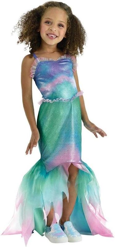 Photo 1 of Ariel Little Mermaid Costume for Kids Blue, Green, and Violet Ombre Dress with Scalloped Fish-Scale Design and Layered Mesh Fishtail Hem - Perfect for Halloween, Dress-Up, and Playtime SIZE 7-8
