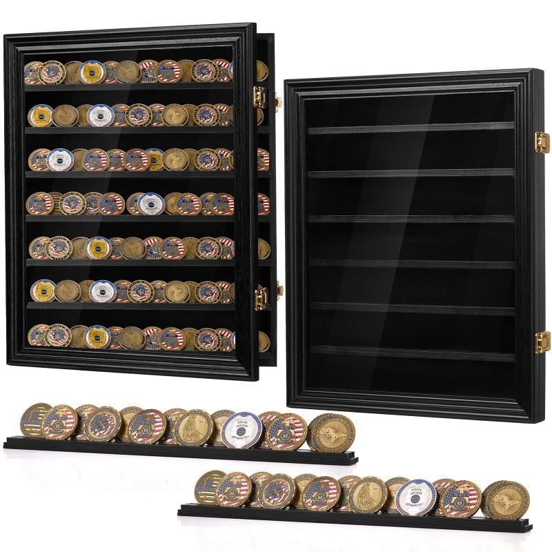 Photo 1 of 2 Pcs Military Coin Display Case Lockable Wood Display Case with Locker Challenge Coin Holder with Acrylic Glass Door for Collectors Rack Shadow Box Case for Wall Hang, desk and Cabinet