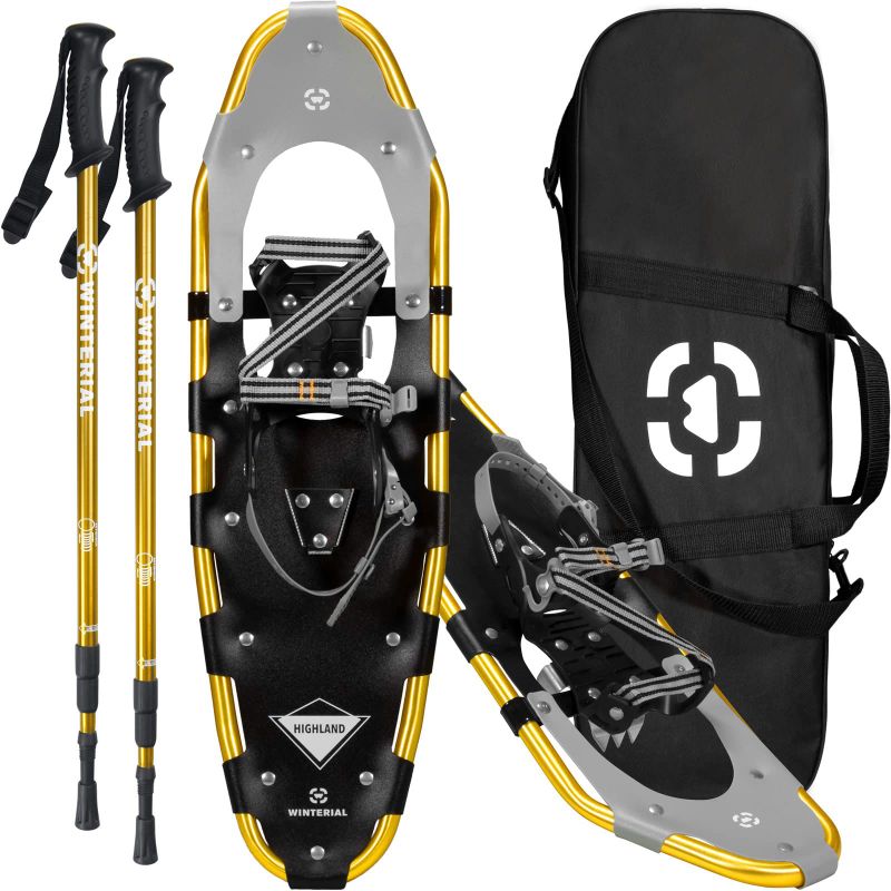 Photo 1 of Winterial Light Weight Shasta Snow Shoes for Men, Women, Youth, Aluminum Rolling Terrain Snowshoes with Trekking Poles and Carry Bag 21/25/30 Inch 30" Gold