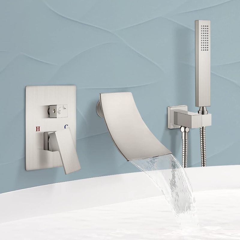 Photo 1 of Airuida Wall Mount Bathtub Faucet Brushed Nickel With Handheld Shower Sprayer Waterfall Spout With Modern Single Handle Tub Filler Faucet Hot and Cold Water Mixer Tap Shower

