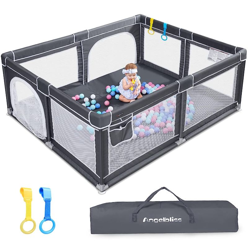 Photo 1 of ANGELBLISS Baby Playpen, Extra Large Playard, Indoor & Outdoor Kids Activity Center with Anti-Slip Base, Sturdy Safety Play Yard with Breathable Mesh, Kid's Fence for Toddlers(Dark Grey,79”x71”) 