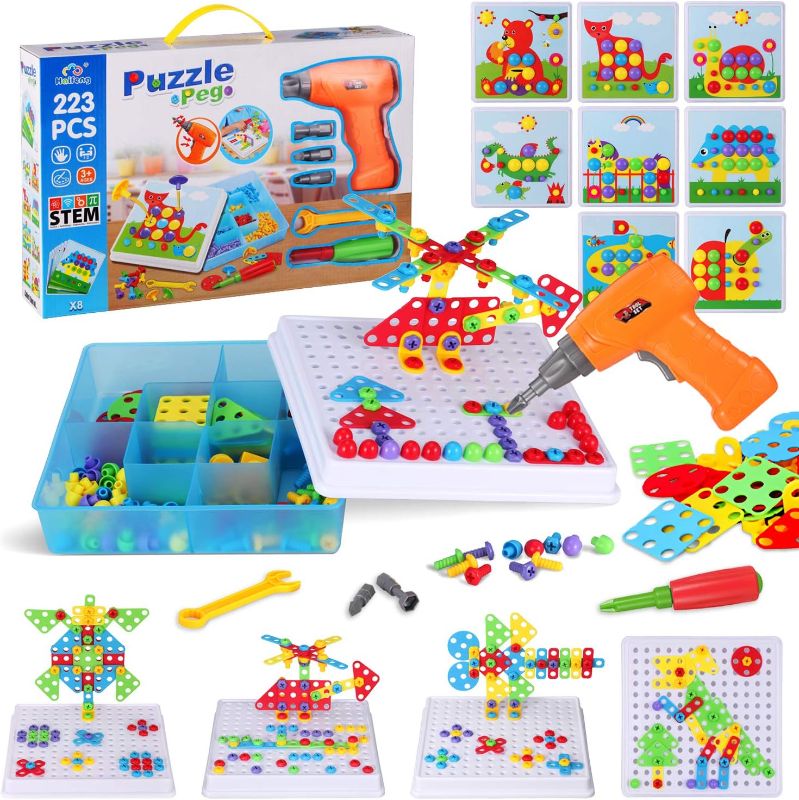 Photo 1 of 223 Pieces Creative Mosaic Drill Set for Kids, Toy Drill and Screwdriver Puzzle Kit, STEM Engineering Education Learning Building Block Toys, Game Activities Center for Kids Ages 3-10 Years Old 