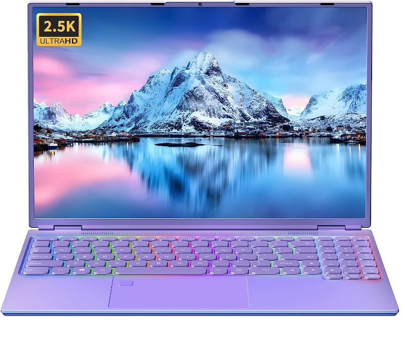 Photo 1 of ?Win 11 Pro/Office 2019?16" Laptop Ultra-narrow bezels 2.5K FHD(2560x1600) IPS Screen, Celeron N5095,12G RAM, 512GB SSD, Color Backlit KB, Fingerprint Reader, WIFI, Type-C, HDMI(12G+512GB SSD, Purple) 