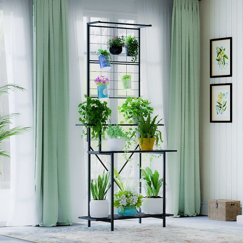 Photo 1 of Zhongma 3 Tier Heavy Duty Plant Stand with Hanging Plant pot shelf,Trellis,35.43 L x 18.11 W x 79.13H multi layer plant Holder for Home, Garden, Plant Lovers,Metal Storage Rack Shelf/Freestanding Display Stand 