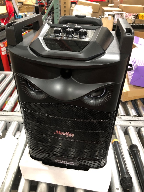Photo 2 of Moukey Karaoke Machine, PA System Subwoofer, Portable Bluetooth Speaker w/ 2 Wireless Microphones, Lyrics Display Holder, Party Lights & Echo/Treble/Bass Adjustment, Support TWS/REC/AUX/MP3/USB/TF/FM 10" Subwoofer