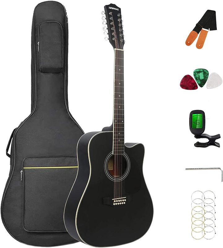 Photo 1 of 12 String Acoustic Guitar Cutaway,Adjustable Truss Rod Full Size Bundle with Gig Bag,Tuner,Strings,Strap, Picks, Black By Janerock
