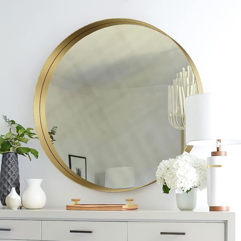 Photo 1 of 28 Inch Wall Circle Bathroom Mirror ,Large Gold Metal Framed Wall-Mounted Round Deep Design Hanging Mirror for Vanity Bedroom, Living Room, Entryway