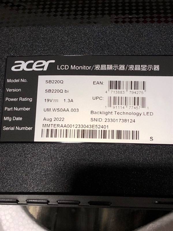 Photo 1 of Acer 21.5 Inch Full HD (1920 x 1080) IPS Ultra-Thin Zero Frame Computer Monitor (HDMI & VGA Port), SB220Q bi