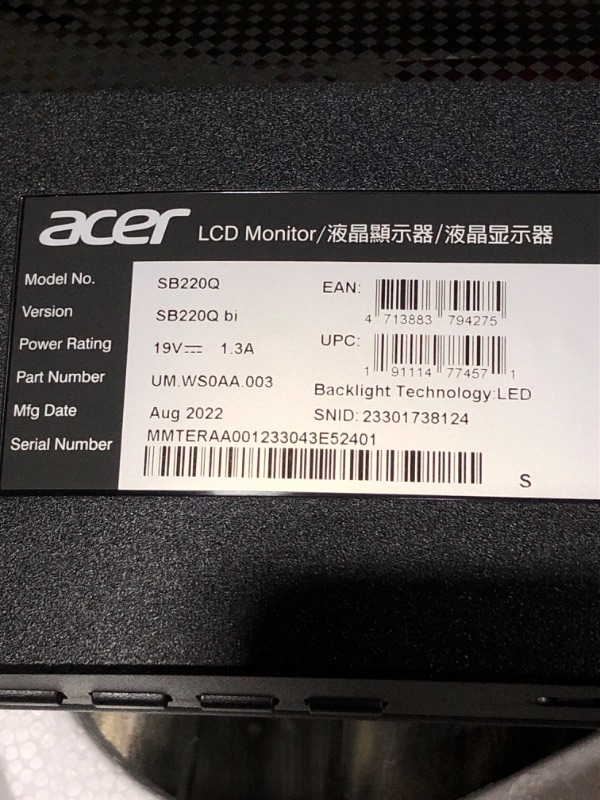 Photo 5 of Acer 21.5 Inch Full HD (1920 x 1080) IPS Ultra-Thin Zero Frame Computer Monitor (HDMI & VGA Port), SB220Q bi