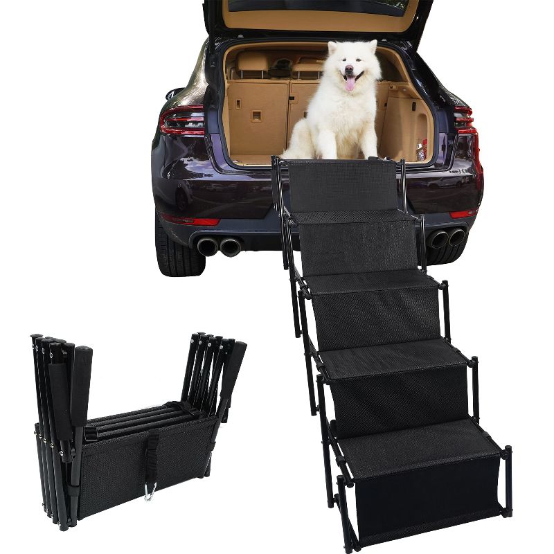 Photo 1 of 5 Steps Folding Dog Car Steps for Large Dog, Portable Pet Stairs with Increased Nonslip Surface for High Beds, Trucks, Cars and SUV, Lightweight Pet Ladder Ramp Support