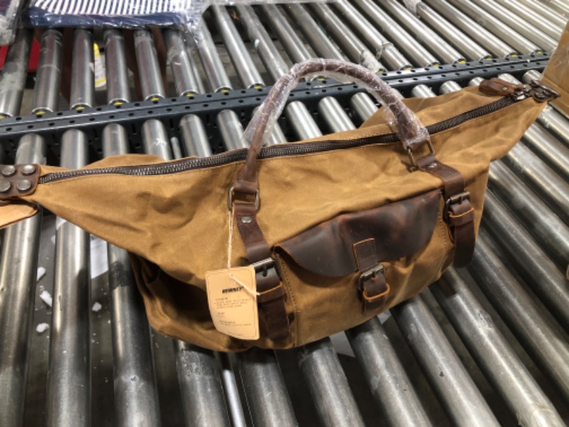 Photo 2 of  Oversized Travel Duffel Bag Waterproof Canvas Genuine Leather Weekend bag Weekender Overnight Carryon Hand Bag Brown 