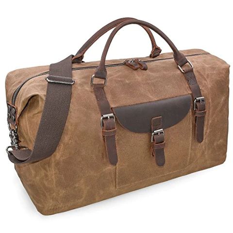 Photo 1 of  Oversized Travel Duffel Bag Waterproof Canvas Genuine Leather Weekend bag Weekender Overnight Carryon Hand Bag Brown 