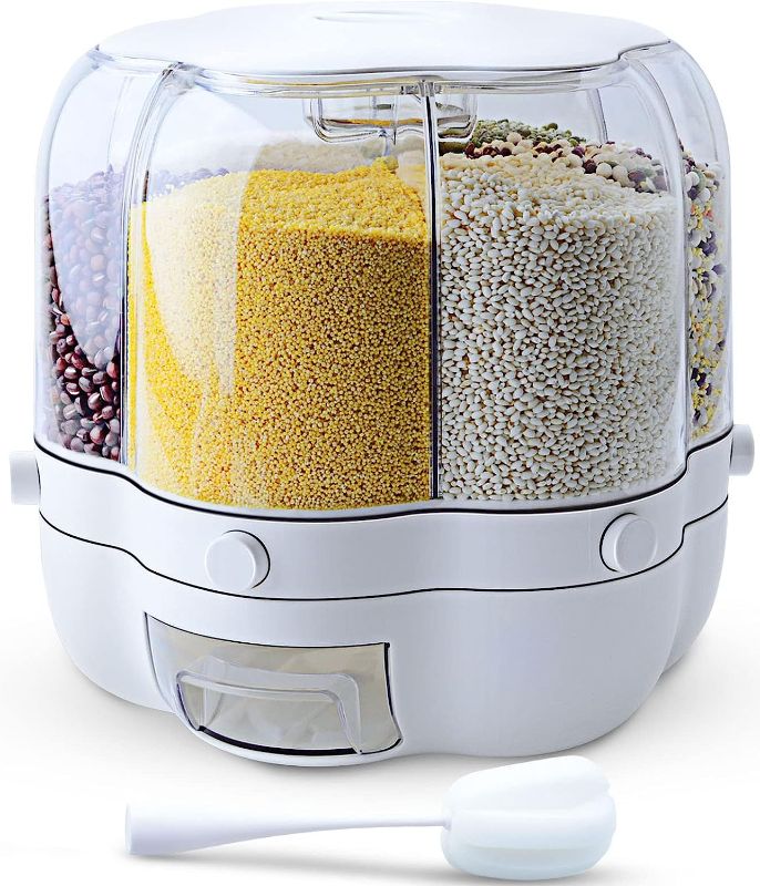 Photo 1 of  WOWFUNNY Grain Dispenser, 7.2 Qt Rotating Rice Dispenser Storage Container, 6-Compartment Dry Food Dispenser with Measuring Cup, Food Storage Containers for Kitchen Small Grains, Beans, Rice (7.2Qt) 