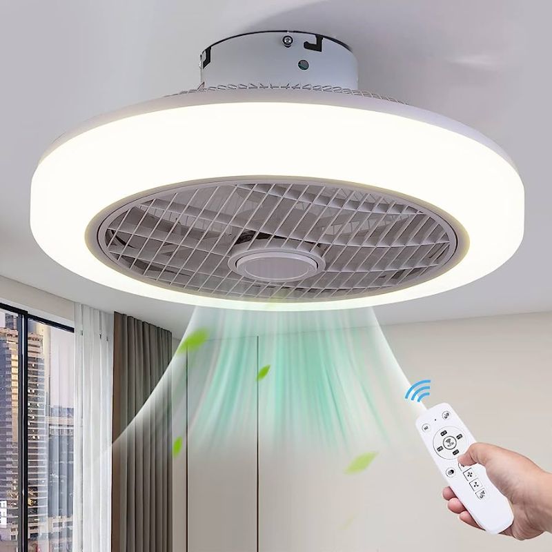 Photo 1 of MADSHNE Ceiling Fans with Lights and Remote Control,18" Modern Low Profile Ceiling Fans,Small Bladeless Flush Mount Ceiling Fan for Bedroom Kitchen,White Enclosed LED Ceiling Fan Light,Dimmable