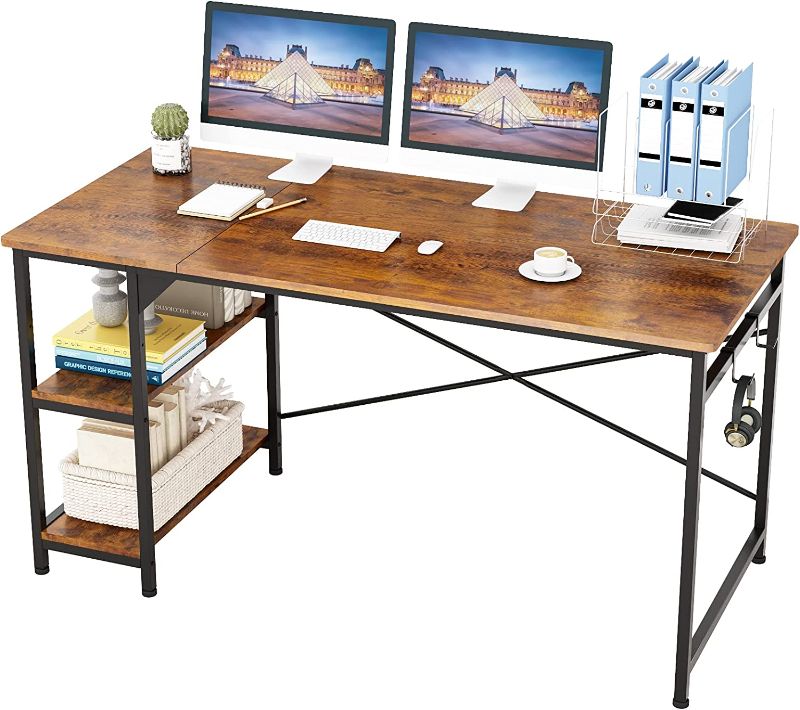 Photo 1 of Engriy Writing Computer Desk 55", Home Office Study Desk with 2 Hooks and Storage Shelves on Left or Right Side, Industrial Simple Workstation Wood Table Metal Frame for PC Laptop, Rustic Brown
