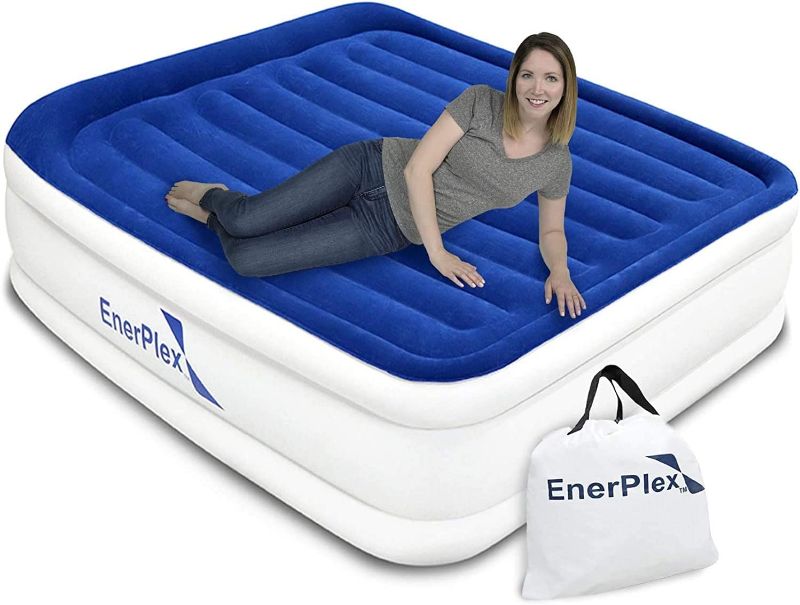 Photo 1 of EnerPlex Queen Air Mattress with Built in Pump - 15" Luxury Size Self-Inflating Blow Up Mattress with Neck Support - Inflatable Air Bed for Portable Travel & Home Use (Blue/White)
