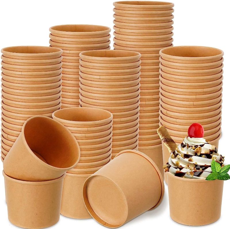 Photo 1 of  Romooa 200 Pack Ice Cream Cups Paper Cups Sundae Bowls Kraft Yogurt Dessert Bowls Cups Disposable Ice Cream Bowls Birthday Party Bowls Brown Ice Cream Containers Ice Cream Bar Party Supplies (12 Oz) 