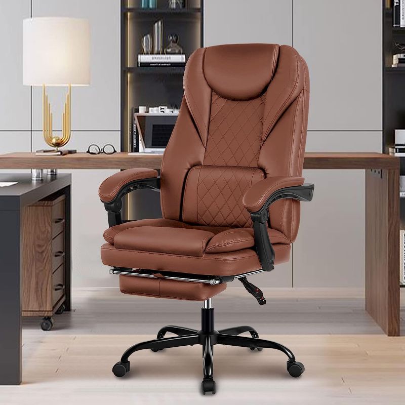 Photo 1 of Guessky Executive Office Chair, Big and Tall Office Chair with Foot Rest Reclining Leather Chair High Back Home Office Desk Chair with Lumbar Support Ergonomic Office Chair with Padded Armrests(Brown) 
