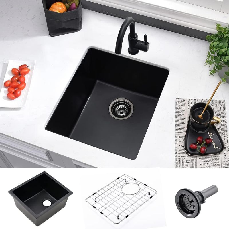 Photo 1 of 17 Inch Black Bar Sink Undermount - VASOYO 17"x19" Black Undermount Wet Bar Prep Kitchen Sink Dual Mount Granite Undermount Kitchen Sink Single Bowl Quartz Sink Small Bar Sink Rv Sink 