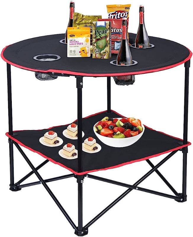 Photo 1 of  LEADALLWAY Camping Table Folding Picnic Table with 4 Cup Holders and Carrying Bags Collapsible Canvas Portable Tables Folding for BBQ Outdoor Fishing 