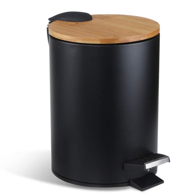 Photo 1 of Round Metal Trash Can with Bamboo lid and Pedal 5 Liter Garbage Container Bin with Removable Inner Wastebasket for Bathroom, Bedroom, Kitchen, Office (Black)
