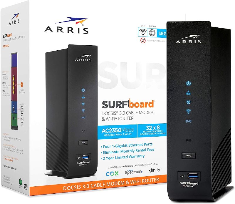 Photo 1 of ARRIS SURFboard SBG7600AC2 DOCSIS 3.0 Cable Modem & AC2350 Wi-Fi Router | Approved for Comcast Xfinity, Cox, Charter Spectrum & more | Four 1 Gbps Ports | 800 Mbps Max Internet Speeds 2 Year Warranty
