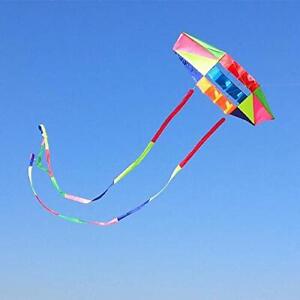 Photo 1 of Beach Kites for Adults Large with Long Tail, 98 inches Super Easy Flyer 3D Rainbow Box Kites, Come with 49 Feet Multi Colors Tails x 2, 300 ft Kite String & Handle