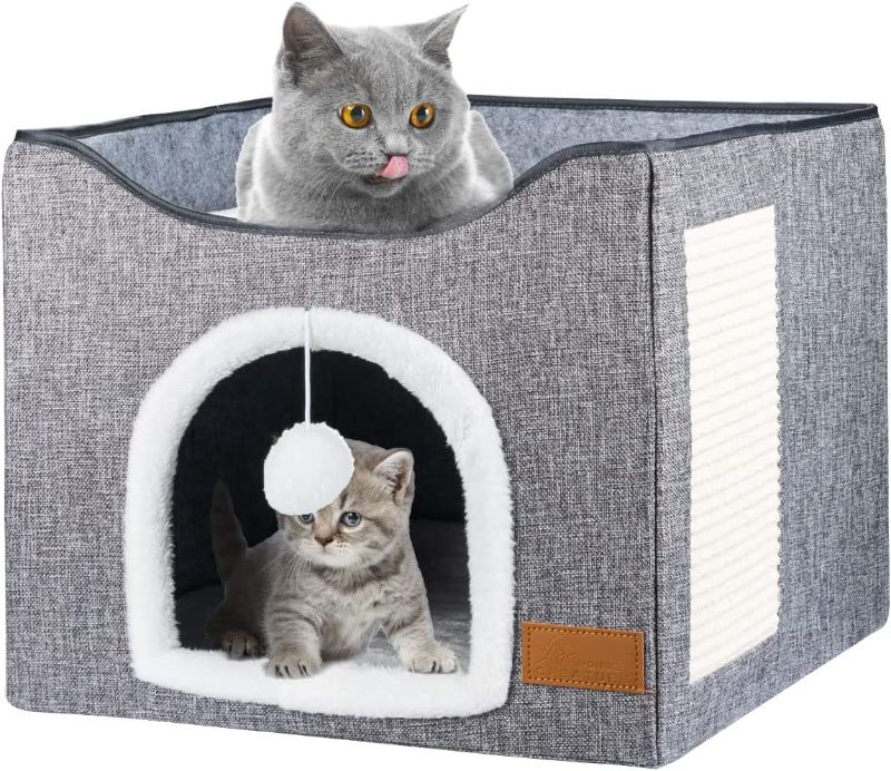 Photo 1 of  Cat Bed for Indoor Cats, Cat House with Durable Scratching Board and Dangling Toy Ball, Foldable Cat Condo with Reversible Cushions and Large Opening (Grey) PRODUCT DIFFERS SLIGHTLY FROM STOCK IMAGE