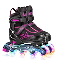 Photo 1 of  Soldow Adjustable Inline Skates for Women and Men with Full Light Up Wheels, Black Outdoor Roller Skates for Girls and Boys, Hard Beginner Rollerblades Skates for Kids Youth Teens Adults SIZE SMALL