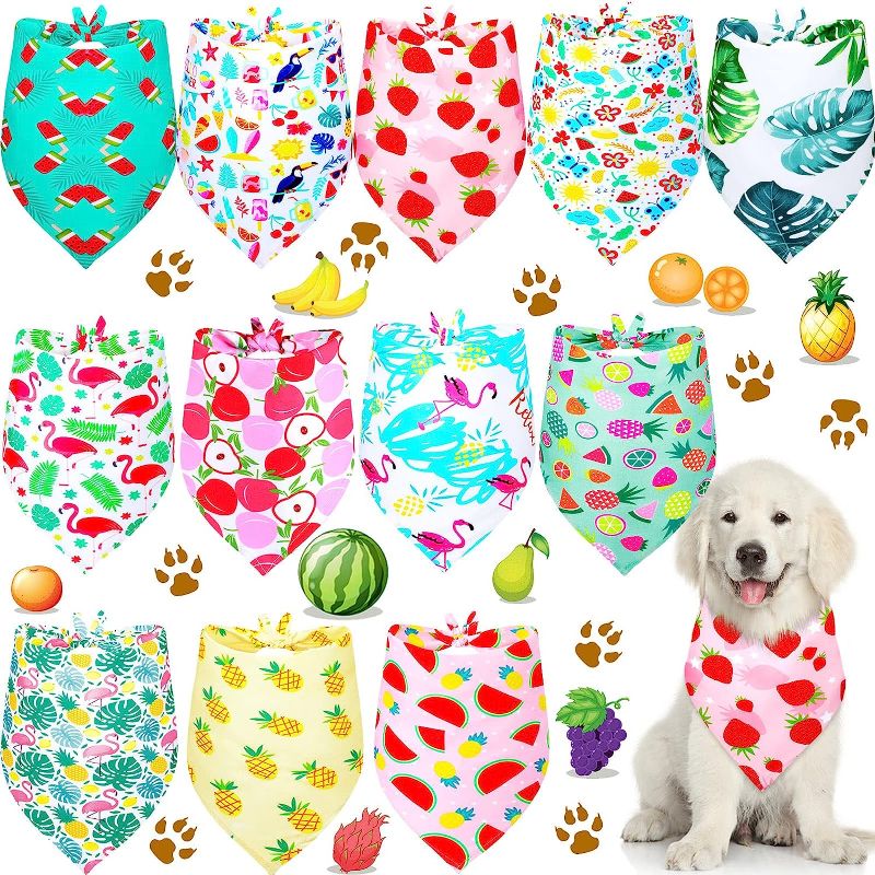 Photo 1 of 12 Pieces Summer Dog Bandanas Washable Pet Hawaiian Dog Triangle Bibs Scarf Assortment Cute Fruits Tropical Leaf Flamingo Print Dog Kerchief for Small Medium Size Pets Summer Holiday Decoration 