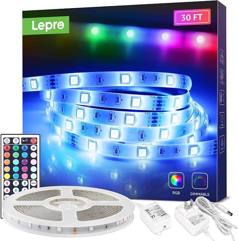 Photo 1 of Lepro LED Strip Lights, 30Ft RGB LED Strips, 5050 SMD LED Color Changing Strip Light with 44 Keys Remote Controller and 24V Power Supply, LED Lights for Bedroom, Home, TV Backlight