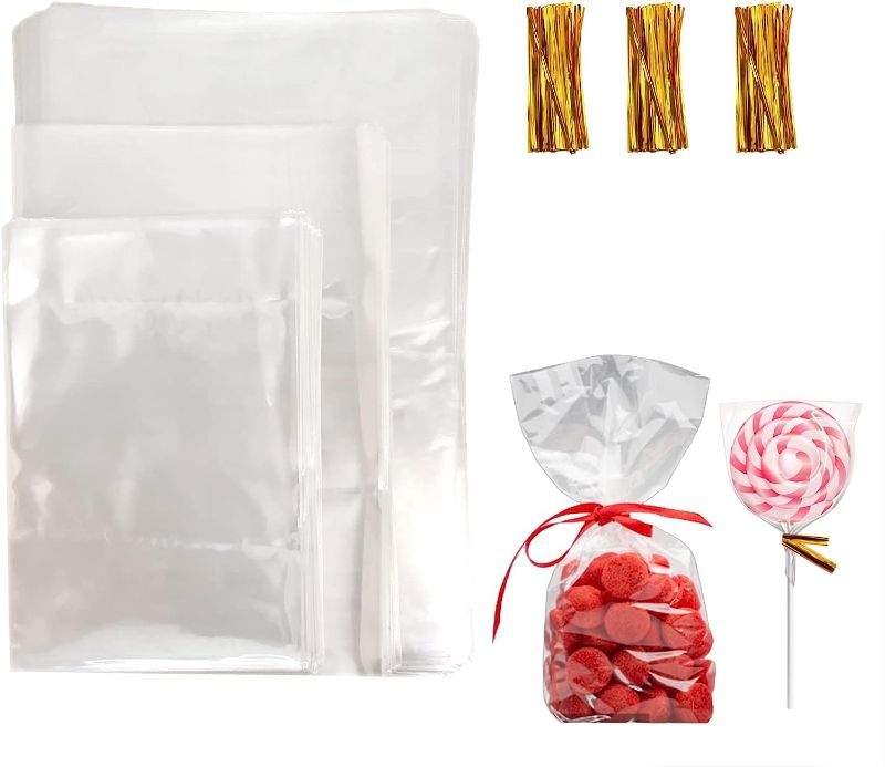 Photo 1 of 300 PCS Cellophane Bags with 4.17x6.6" 3.9x5.9" 3.14x4.7" Comes with 300 4" Twist Ties Treat Bags Candy Bags Cookie Bags for Christmas, Weddings, Thank you Gift Basket Supplies Halloween Christmas Birthday Party