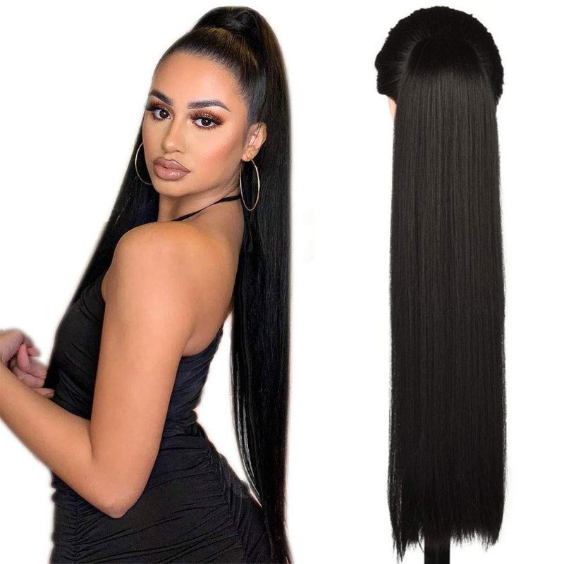 Photo 1 of 26 Inch(Can Be 28 Inch) Long Straight Hair Ponytail 2 Clips in Ponytail Hair Extensions Straight Hair Drawstring Ponytail For Ladies 130g/Piece Synthetic Hairpiece Ponytail Smooth &Soft Natural Black(1B)
