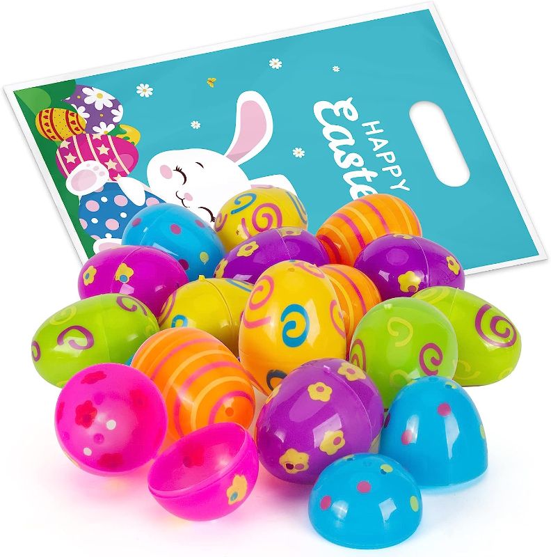 Photo 1 of 30 Pack Plastic Easter Eggs - 2.4“ Colorful Printed Easter Egg Empty with 6 Pcs Happy Easter Gift Bags, Fillable Easter Eggs Bulk for Easter Egg Hunt, Surprise Egg,Easter Party Favors or Decorations