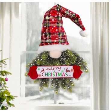 Photo 1 of 2 Pcs Christmas Wreath Gnome Wreath Christmas Hanging Sign Front Door Decorations Gnome Door Decor Christmas Santa Gnome for Holiday Wall Xmas Home Decor (Light Excluded)