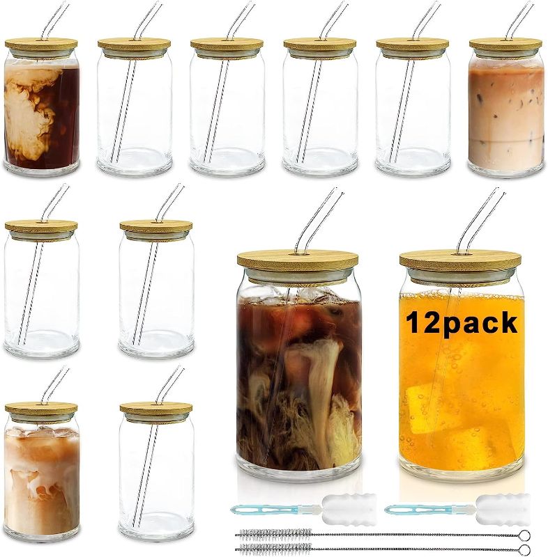 Photo 1 of 16 OZ Glass Cups with Bamboo Lids and Glass Straw - 12pcs Set Beer Can Shaped Drinking Glasses, Iced Coffee Glasses, Cute Tumbler Cup for Smoothie, Boba Tea, Whiskey, Water
