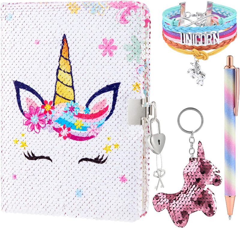 Photo 1 of Unicorn Sequins Notebook Set - Rainbow Unicorn Diary for Girls with Locks Keys Gel Pen Bracelet Key Chain Reversible Sparkling A5 Journal for Travel School Office Notepad Memos to Keep Secret
