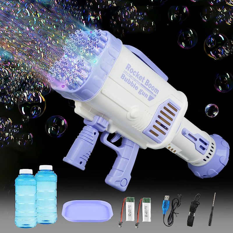 Photo 1 of Bloombloomme Bubble Guns, 64 Holes Giant Bubble Machine Gun with Colorful Lights, Electric Bubble Shooter Maker for Adults Kids Outdoor Indoor Birthday Wedding Party Toy Gift (Purple