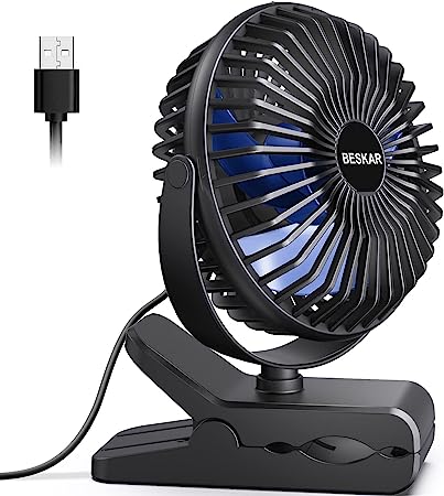 Photo 1 of BESKAR USB Clip on Fan, Portable Small Fan with Cord Powered, 3 Speeds Strong Airflow, with Sturdy Clamp, Quiet Personal Desk Fan 