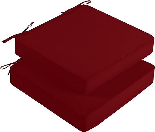 Photo 1 of downluxe Outdoor Chair Cushions for Patio Furniture, Waterproof Square Corner Memory Foam Patio Chair Cushion with Adjustable Ties and Portable Handle, 19" x 19" x 3", Burgundy, 2 Pack 