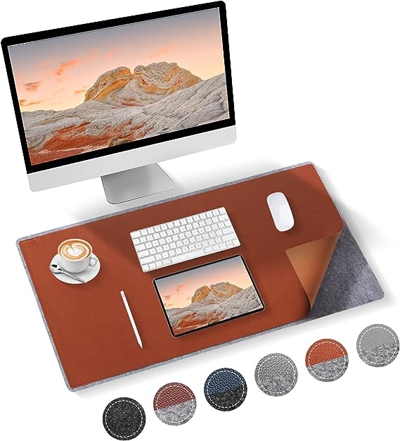 Photo 1 of Felt Mouse Pad, Dual Layer Desk Mat Designed by Leather Pad & Felt mat, Superior Wool XL Desk Pad, Waterproof PU Leather Desk, 30.9" x 15.1" Desk Writing Mat?Brown & Light Grey? 