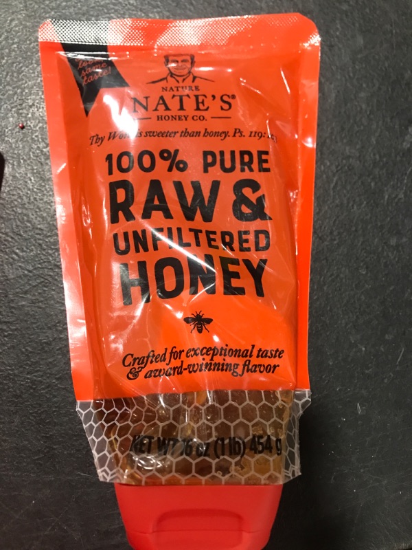 Photo 2 of  EXP 2024 Nature Nate's 100% Pure, Raw & Unfiltered Honey, No-Drip Sustainable Squeeze Pouch; Purity Guarantee, No Additives, Orange, 16 Ounce Pouch 1 Pound (Pack of 1)
