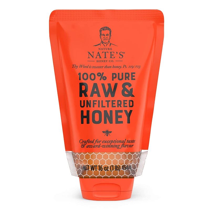 Photo 1 of  EXP 2024 Nature Nate's 100% Pure, Raw & Unfiltered Honey, No-Drip Sustainable Squeeze Pouch; Purity Guarantee, No Additives, Orange, 16 Ounce Pouch 1 Pound (Pack of 1)