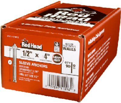 Photo 1 of 1 Red Head 3/8 in. X 3 in. Hex-Head Sleeve Anchors (15-Pack)
1 Red Head 1/2 in. X 4 in. Hex-Nut-Head Sleeve Anchors (10-Pack)