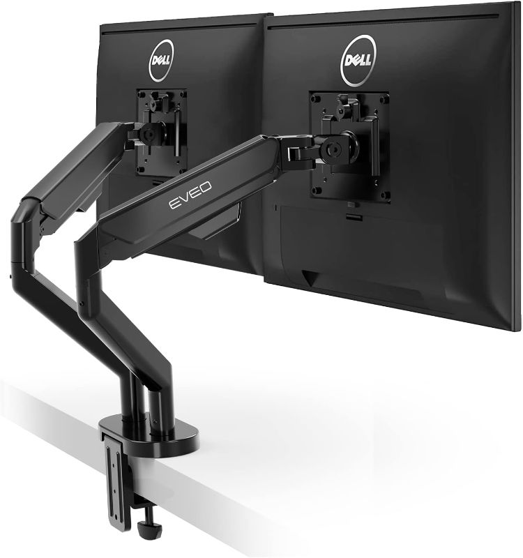 Photo 1 of EVEO Premium Dual Monitor Stand 14-32”,Dual Monitor Mount VESA Bracket, Adjustable Height Gas Spring Monitor Stand for Desk Screen - Full Motion Dual Monitor Arm-Computer Monitor Stand for 2 Monitors