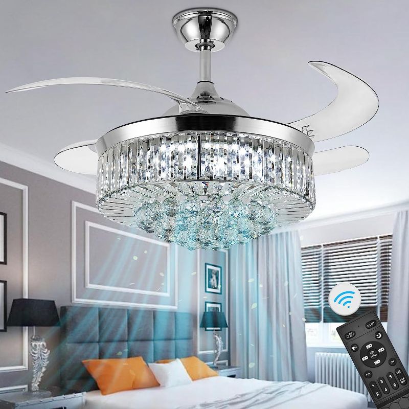 Photo 1 of 36" Invisible Ceiling Fan Chandelier Light,Modern Crystal Ceiling Fan Light Remote Control 4 Retractable ABS Blades for Bedroom Living Room Dining Room Decoration (Silver)
