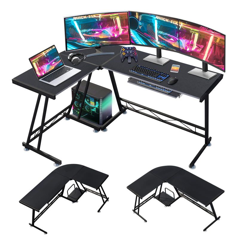 Photo 1 of dreamlify Reversible L-Shaped Modern Gaming Pull-Out Keyboard Tray Corner CPU Stand Computer Desk for Home Office Workstation Space Saving, Black